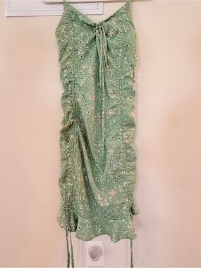 SHEIN Green Floral Ruched Midi Dress with Tie Front